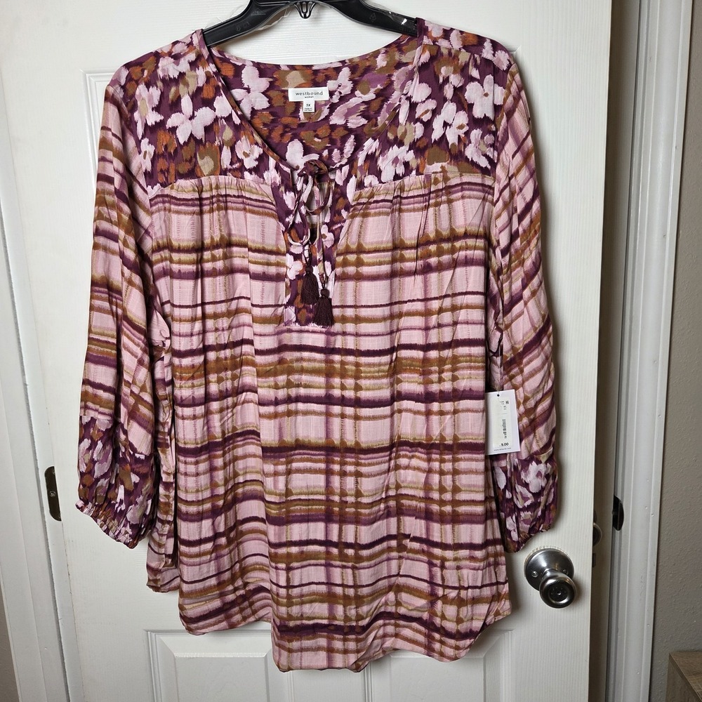 Westbound sz 3X 100% rayon pink multi tunic top NWT casual fall boho chic artsy
